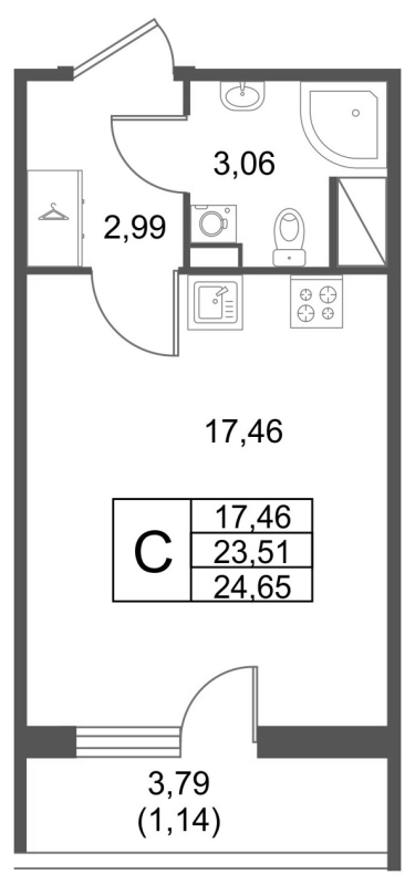 Квартира-студия, 24.65 м² в ЖК "Лето" - планировка, фото №1