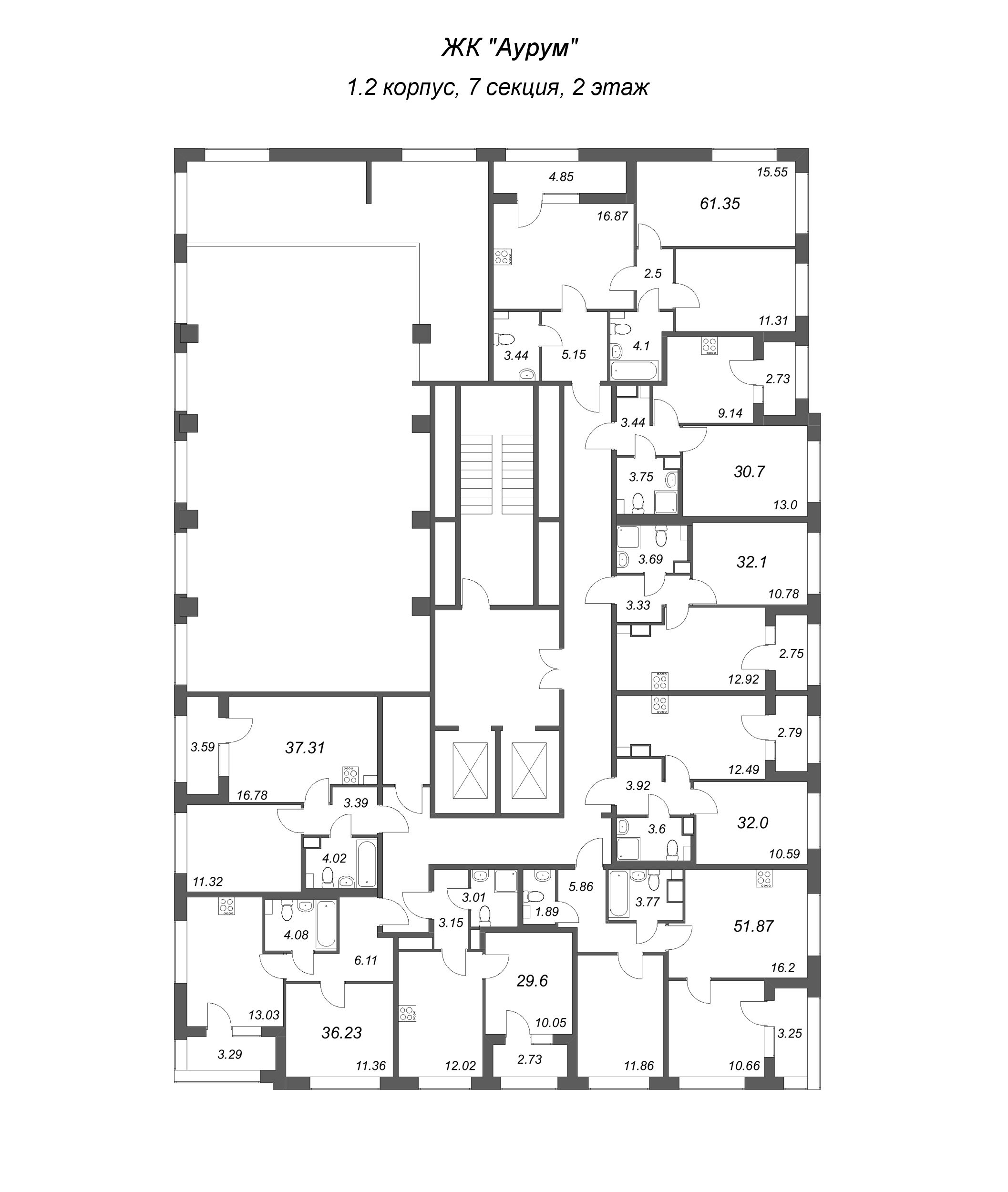 3-комнатная (Евро) квартира, 51.87 м² в ЖК "Аурум" - планировка этажа