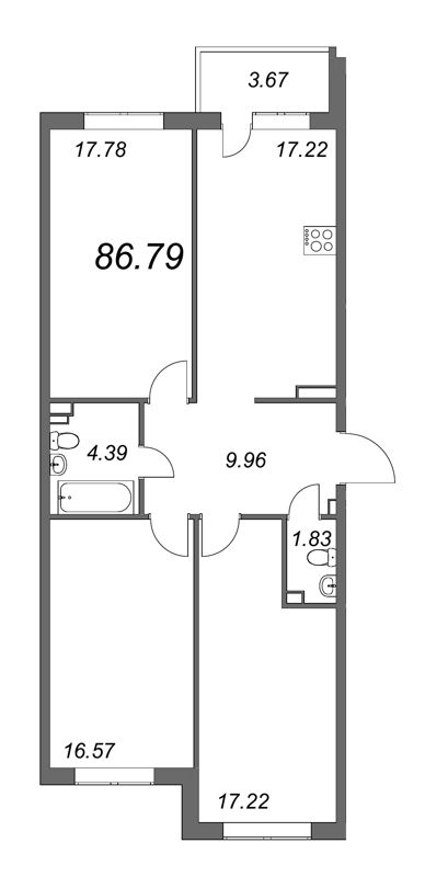 3-комнатная квартира, 88 м² - планировка, фото №1