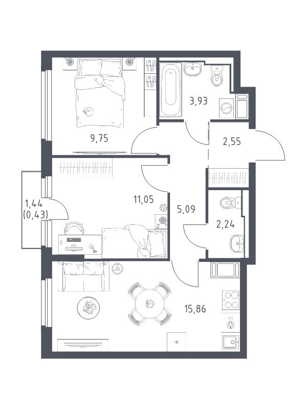 3-комнатная (Евро) квартира, 50.9 м² в ЖК "Новое Колпино" - планировка, фото №1