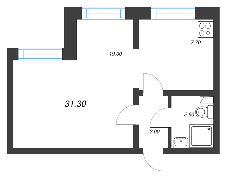 1-комнатная квартира, 31.3 м² - планировка, фото №1