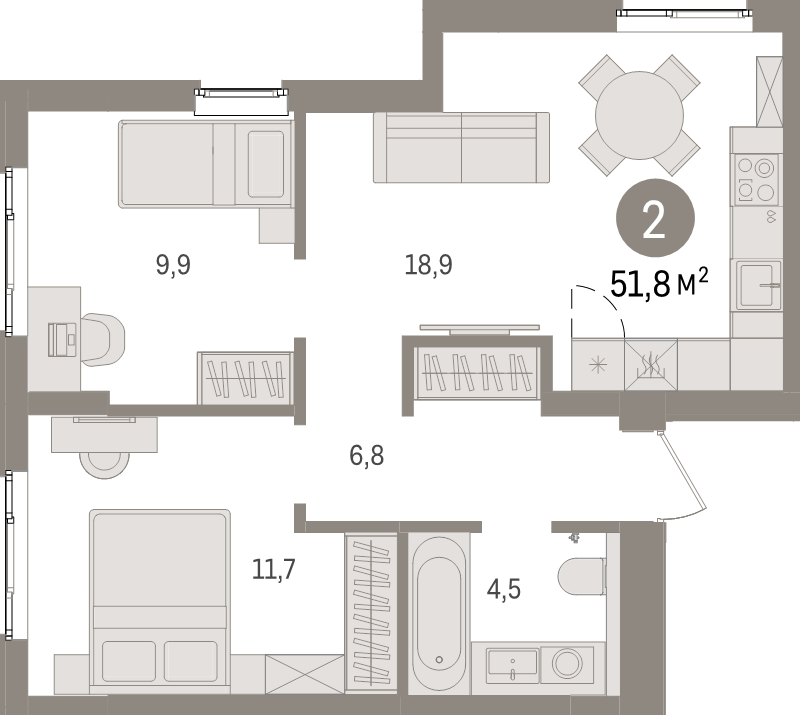 3-комнатная (Евро) квартира, 51.8 м² - планировка, фото №1