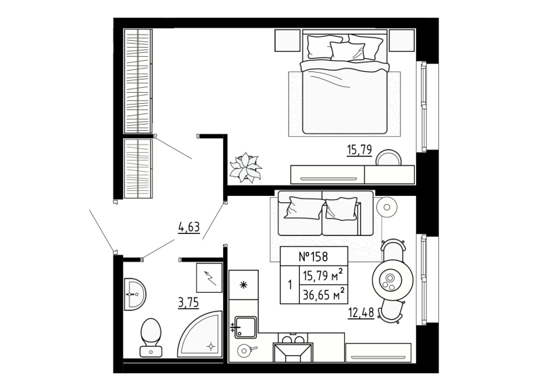 1-комнатная квартира, 36.8 м² в ЖК "Аннино Сити" - планировка, фото №1