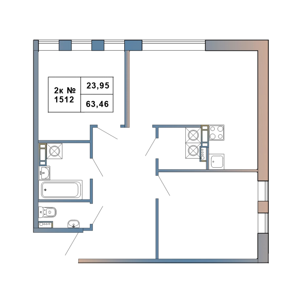 2-комнатная квартира, 63.46 м² в ЖК "Атмосфера Выборга" - планировка, фото №1