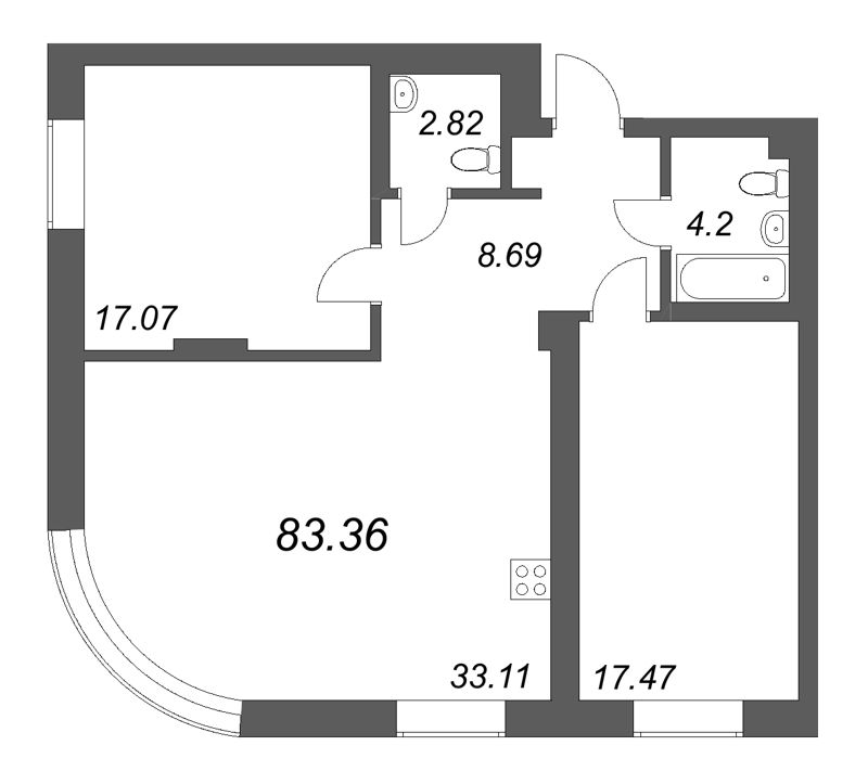 3-комнатная (Евро) квартира, 83.36 м² в ЖК "Фонтанка 130" - планировка, фото №1
