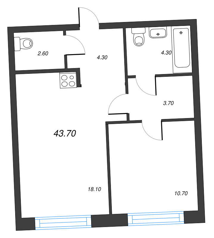 2-комнатная (Евро) квартира, 43.7 м² в ЖК "Цвет Зеленогорска" - планировка, фото №1