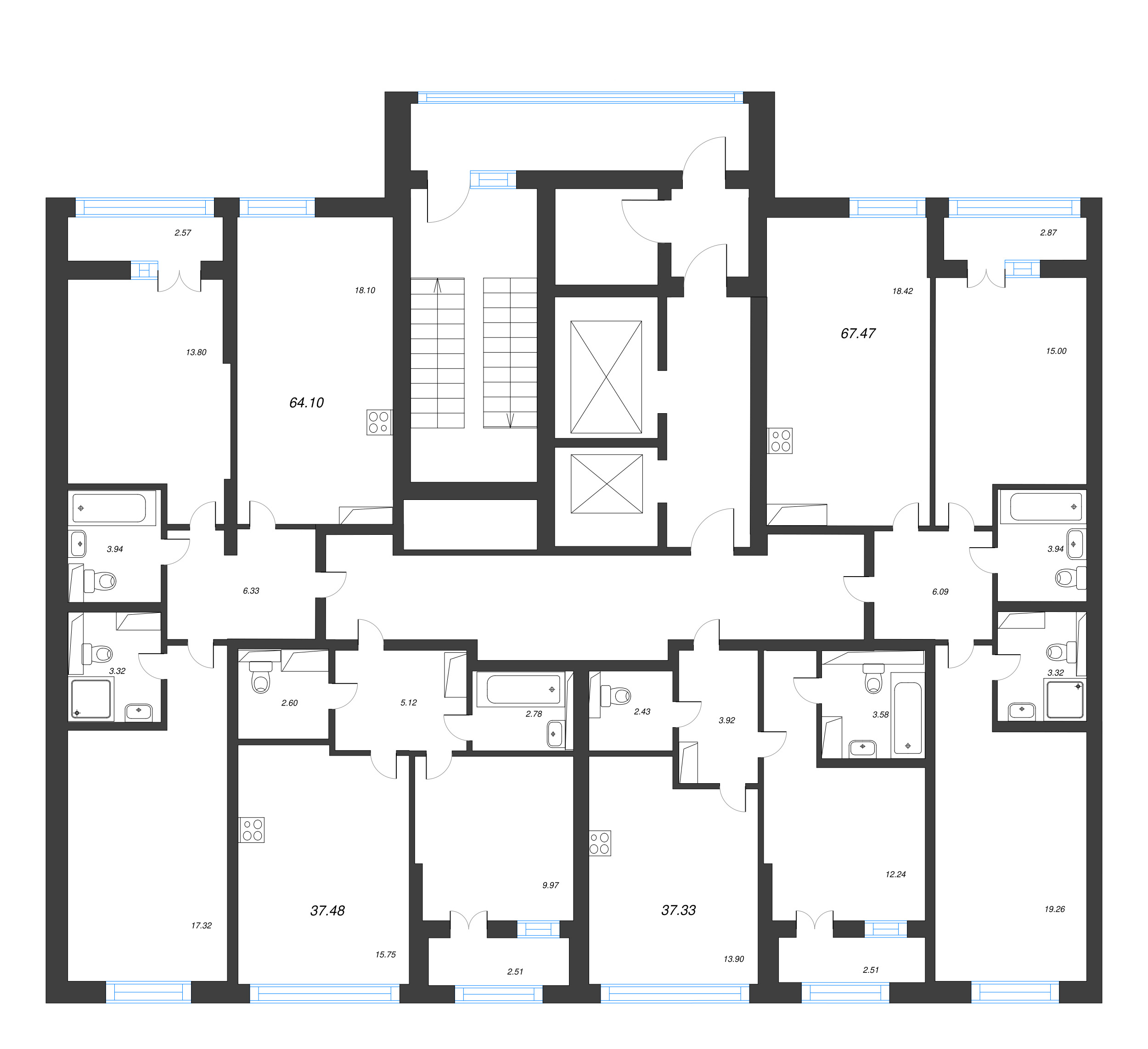 2-комнатная (Евро) квартира, 37.48 м² в ЖК "Цивилизация на неве" - планировка этажа