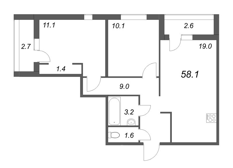 3-комнатная (Евро) квартира, 58.1 м² - планировка, фото №1
