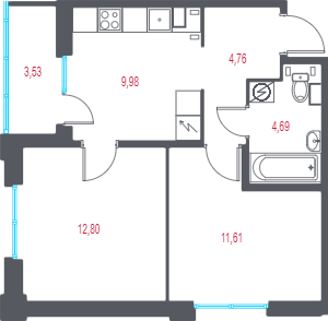 2-комнатная квартира, 45.6 м² в ЖК "Город-спутник Южный" - планировка, фото №1