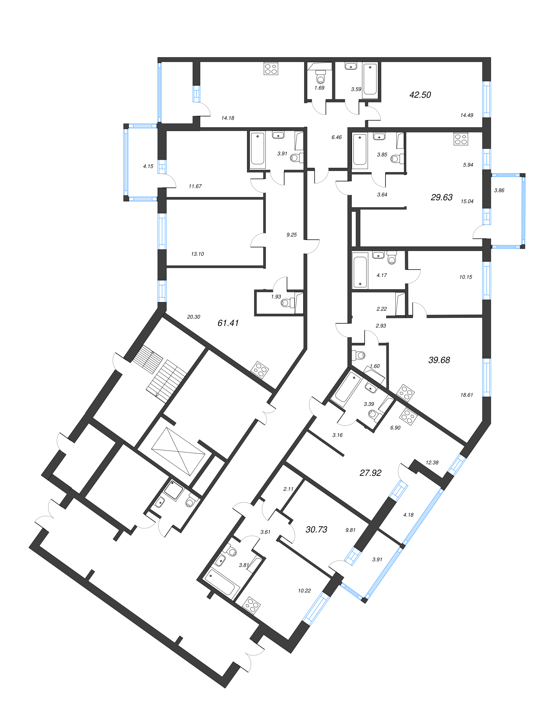 3-комнатная (Евро) квартира, 64.31 м² - планировка этажа