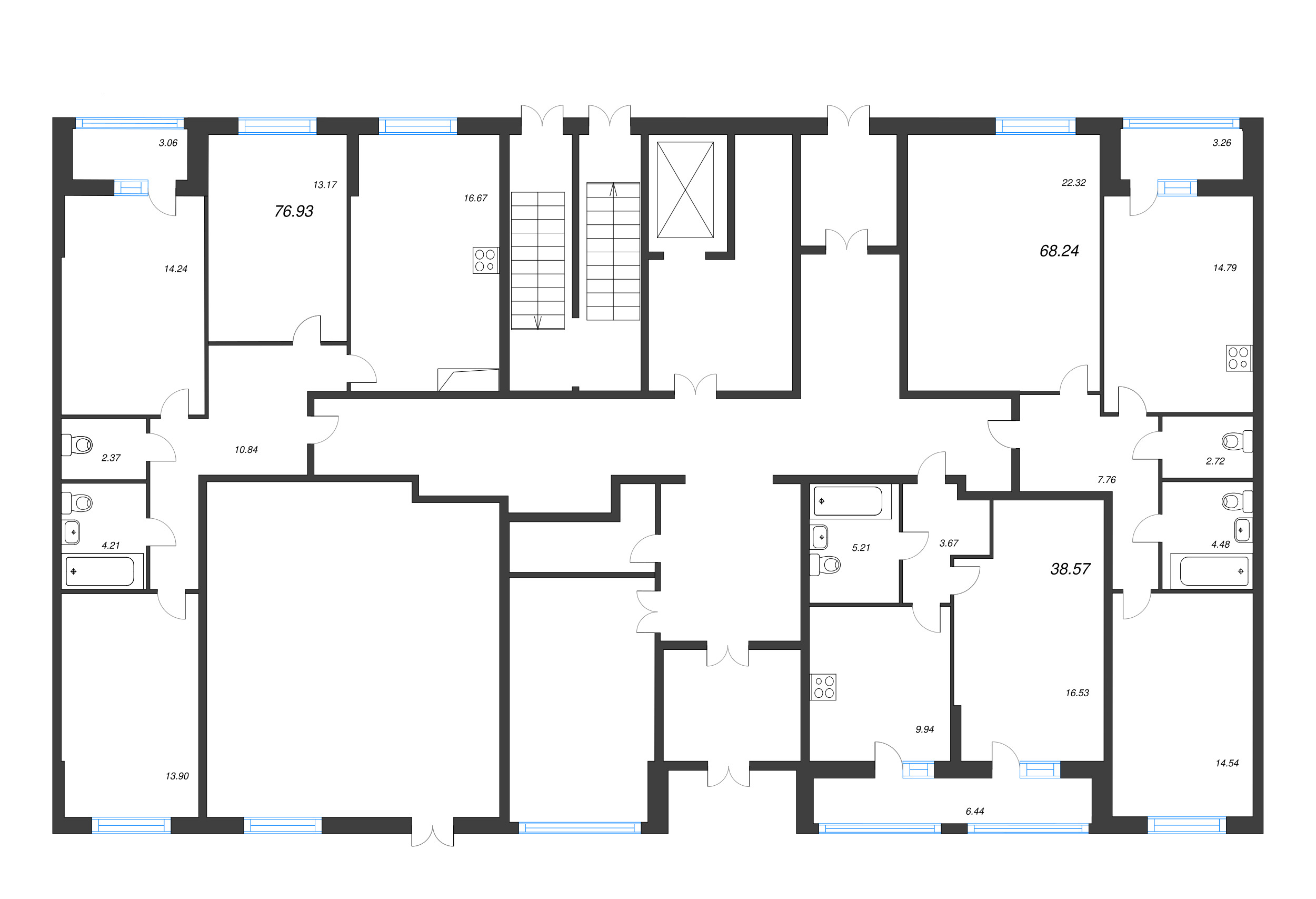 4-комнатная (Евро) квартира, 76.93 м² - планировка этажа