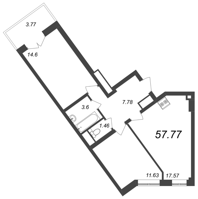 3-комнатная (Евро) квартира, 57.77 м² - планировка, фото №1
