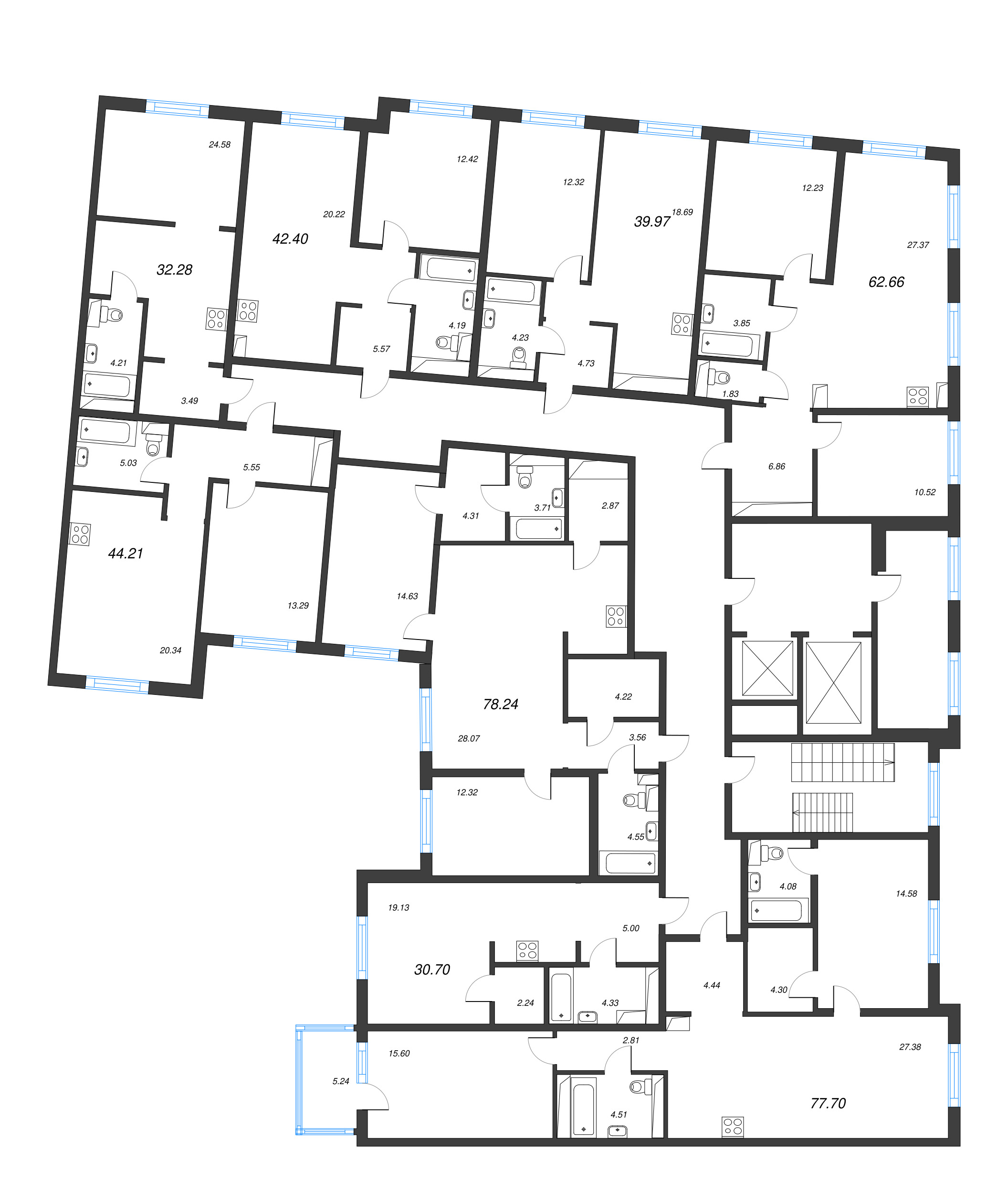 2-комнатная (Евро) квартира, 39.97 м² в ЖК "Legenda Васильевского" - планировка этажа