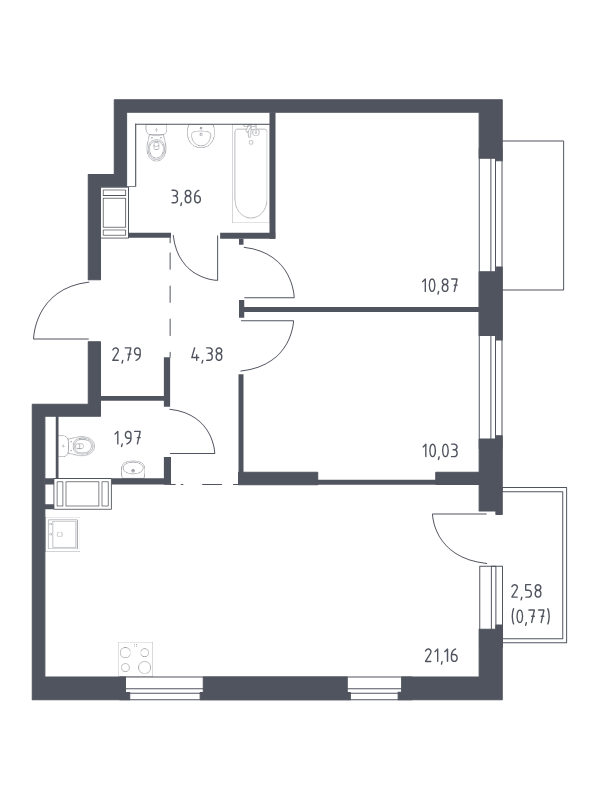 3-комнатная (Евро) квартира, 55.83 м² - планировка, фото №1