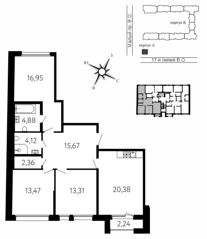 4-комнатная (Евро) квартира, 91.72 м² в ЖК "17-я линия" - планировка, фото №1