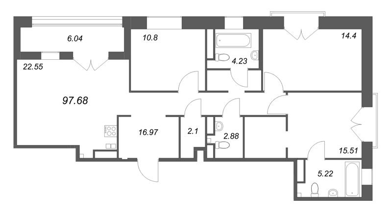 4-комнатная (Евро) квартира, 97.68 м² в ЖК "Ranta Residence" - планировка, фото №1