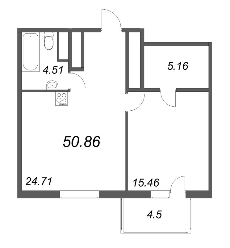 2-комнатная (Евро) квартира, 50.86 м² - планировка, фото №1