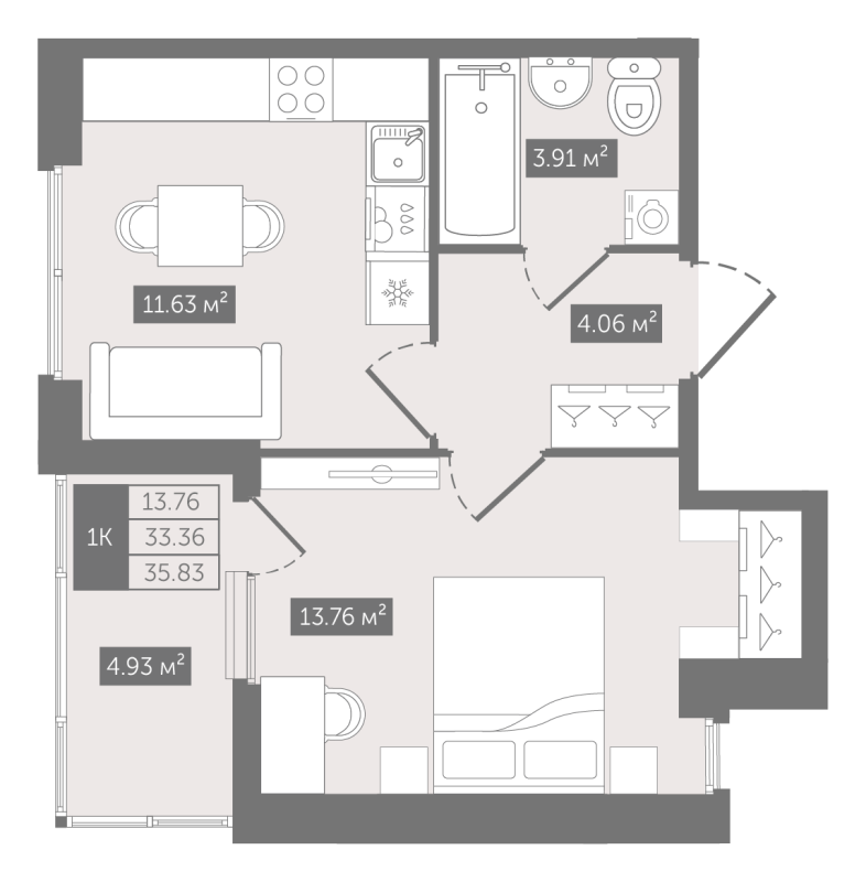 1-комнатная квартира, 35.83 м² - планировка, фото №1