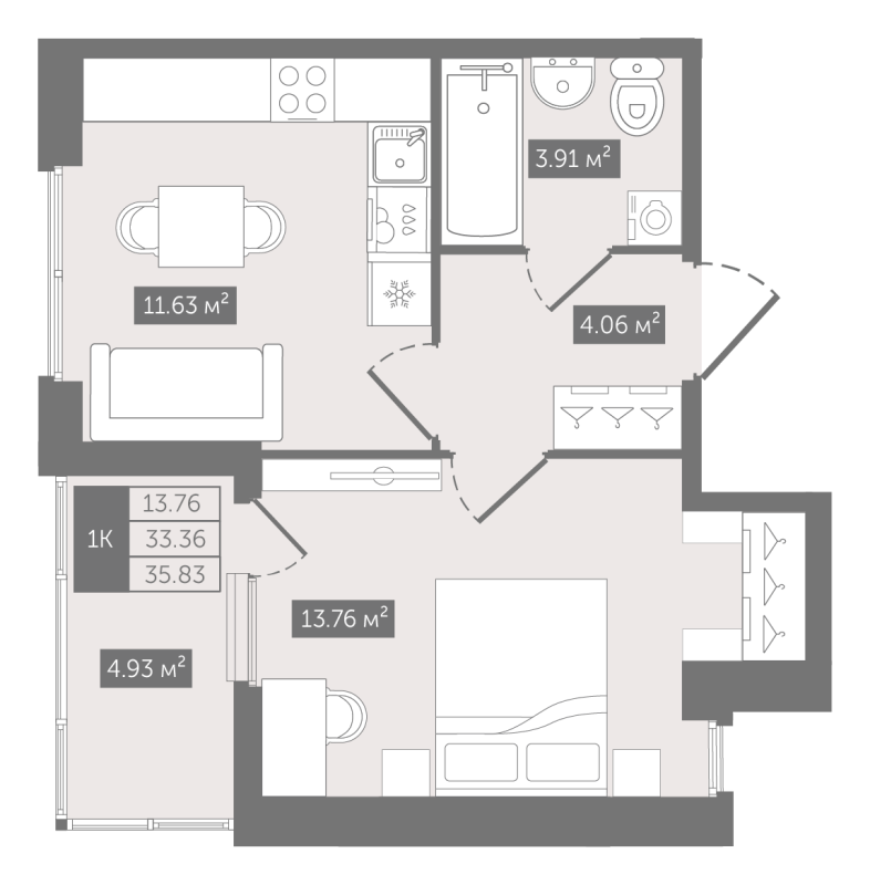 1-комнатная квартира, 35.83 м² в ЖК "N8" - планировка, фото №1