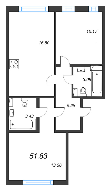 3-комнатная (Евро) квартира, 51.83 м² в ЖК "AEROCITY" - планировка, фото №1
