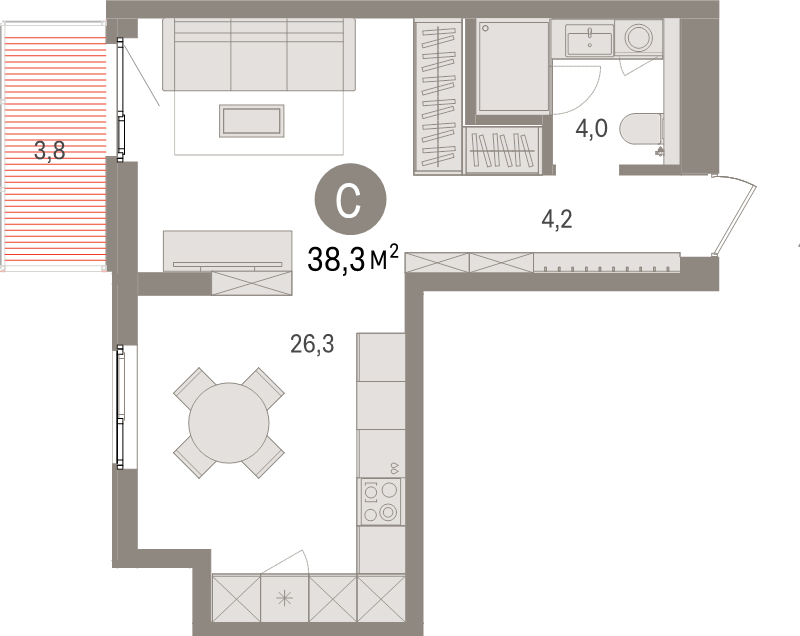 Квартира-студия, 38.3 м² в ЖК "Брусника в Новоселье" - планировка, фото №1