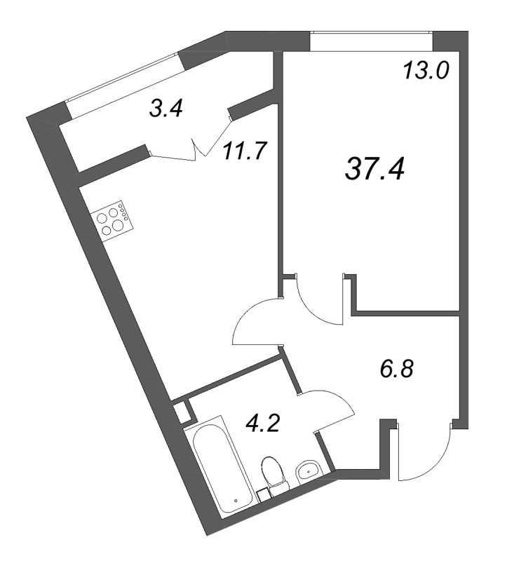 1-комнатная квартира, 37.4 м² в ЖК "Кронунг ЮГ" - планировка, фото №1