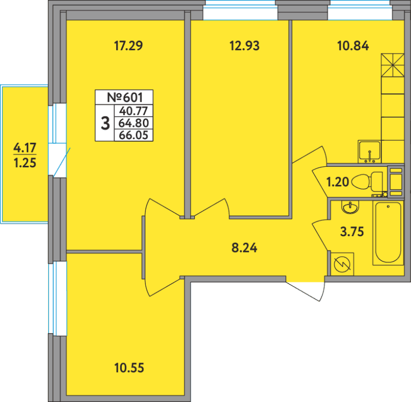 3-комнатная квартира, 65.9 м² - планировка, фото №1