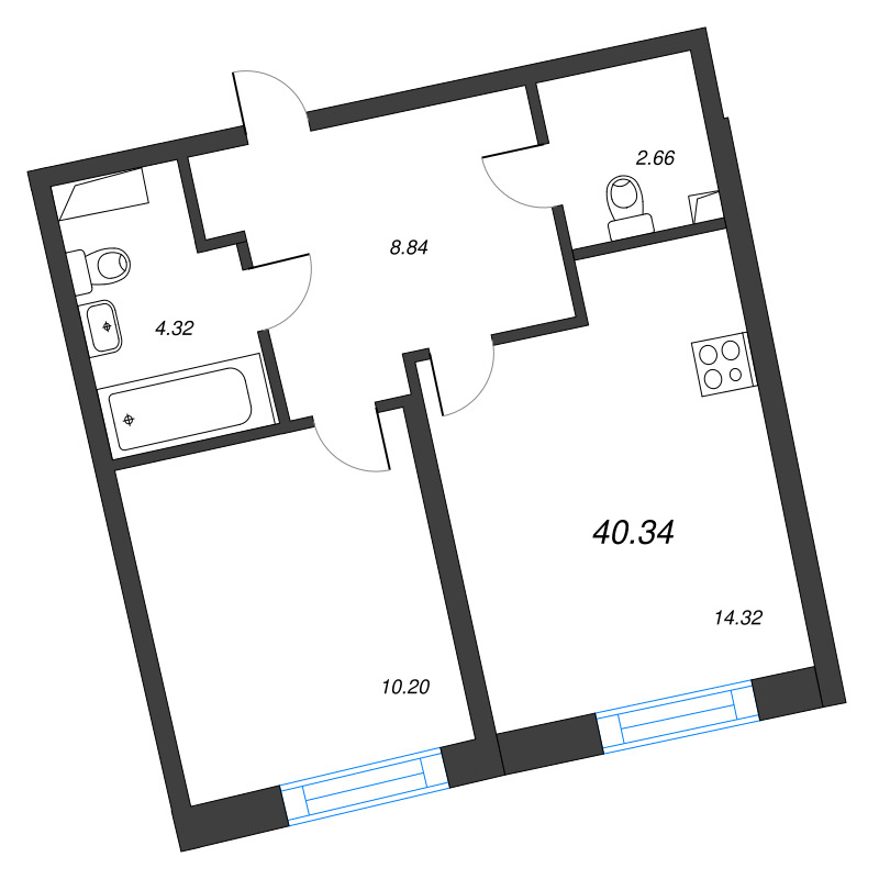 1-комнатная квартира, 40.34 м² в ЖК "Бульвар Грина" - планировка, фото №1