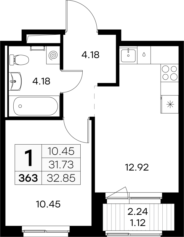 1-комнатная квартира, 32.85 м² в ЖК "GloraX Новоселье" - планировка, фото №1