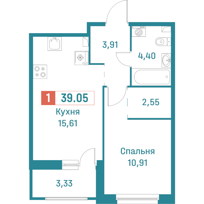 2-комнатная (Евро) квартира, 39.05 м² в ЖК "Графика" - планировка, фото №1