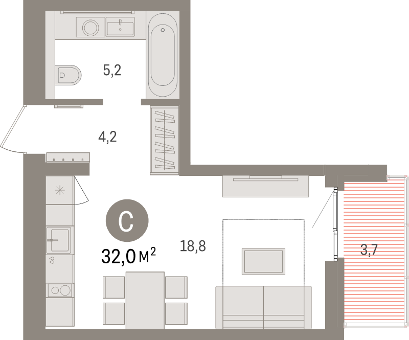 Квартира-студия, 32 м² в ЖК "Брусника в Новоселье" - планировка, фото №1
