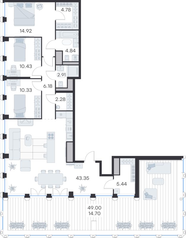 4-комнатная (Евро) квартира, 123.3 м² в ЖК "GloraX Premium Василеостровский" - планировка, фото №1