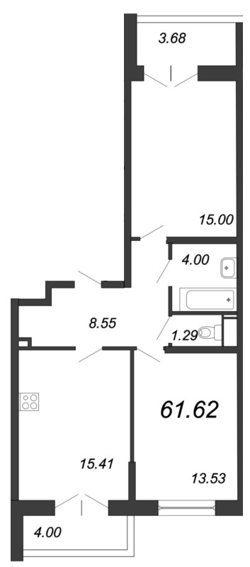 3-комнатная (Евро) квартира, 62.1 м² - планировка, фото №1