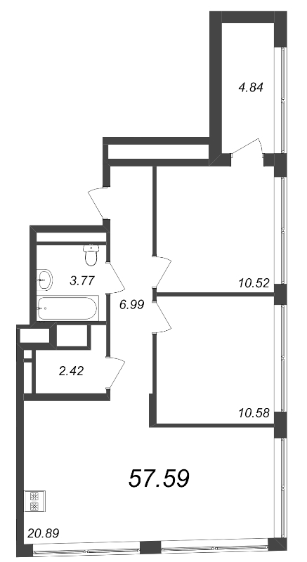 3-комнатная (Евро) квартира, 57.59 м² - планировка, фото №1