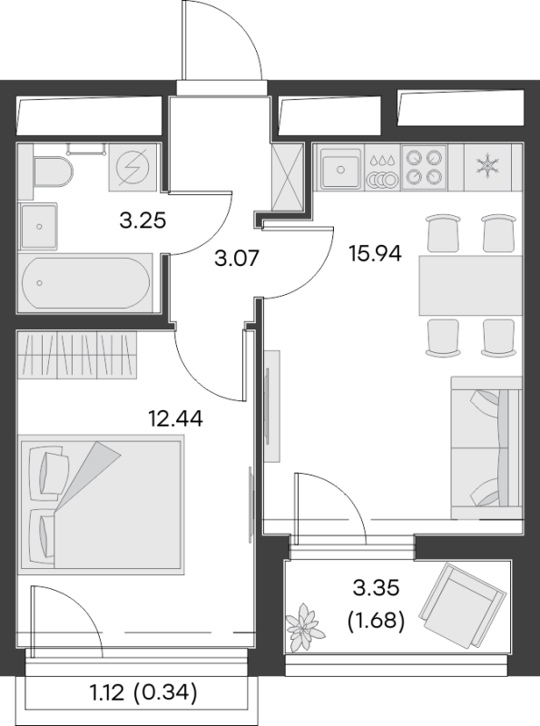 2-комнатная (Евро) квартира, 36.72 м² в ЖК "GloraX Заневский" - планировка, фото №1