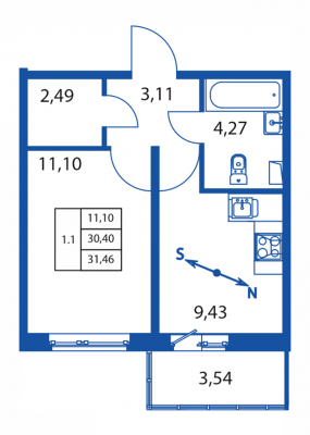 1-комнатная квартира, 30.39 м² в ЖК "Полис ЛАВрики" - планировка, фото №1