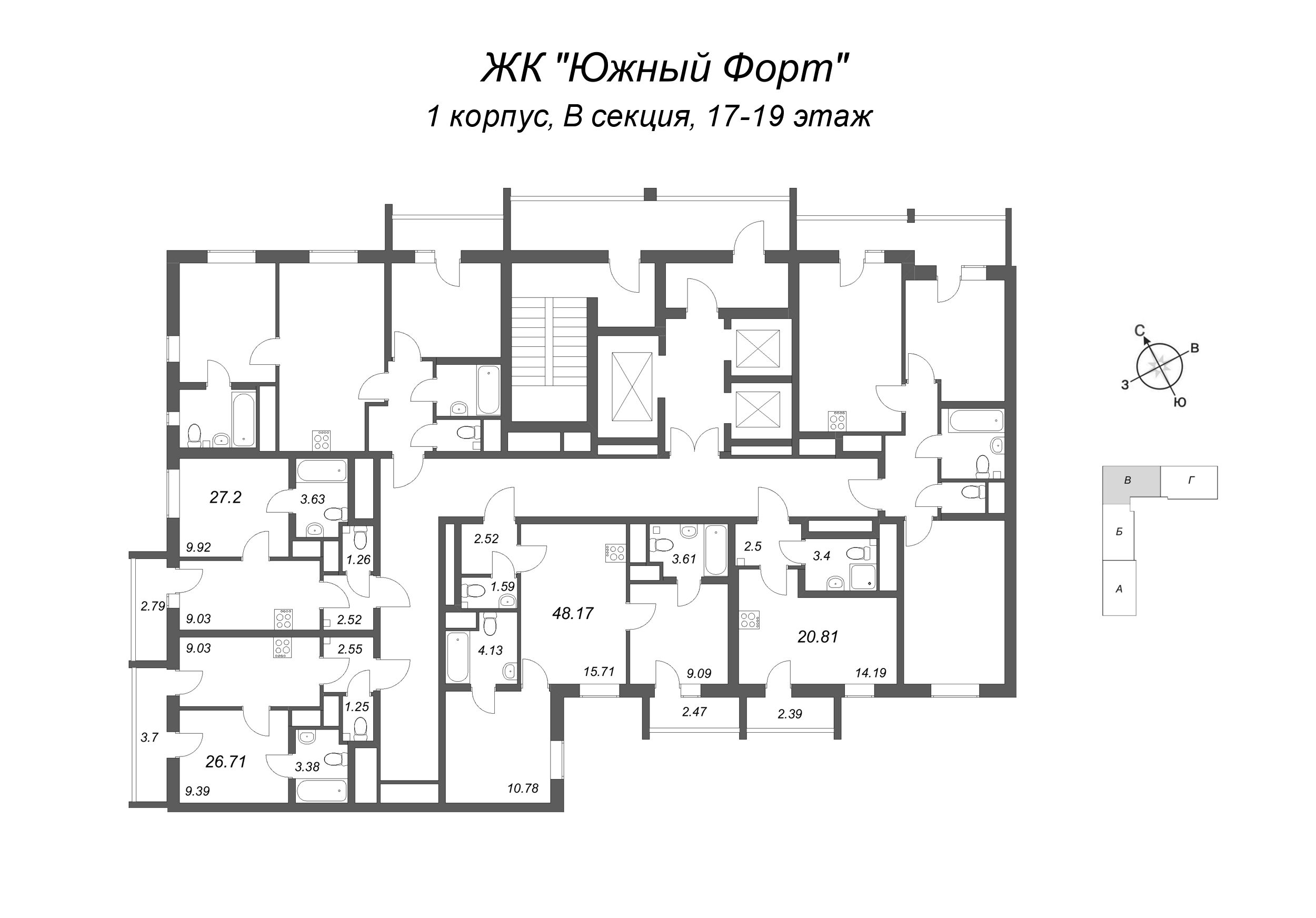 1-комнатная квартира, 27.2 м² в ЖК "Южный форт" - планировка этажа