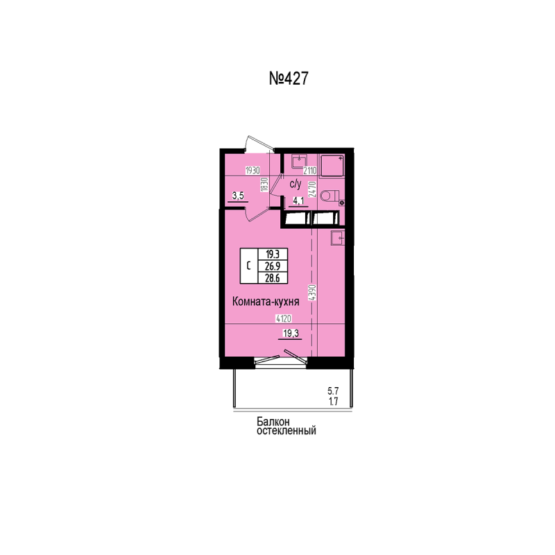 Квартира-студия, 28.6 м² в ЖК "ПРАГМА СИТИ" - планировка, фото №1