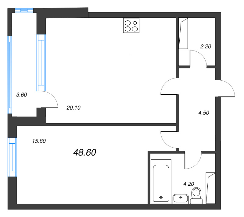 2-комнатная (Евро) квартира, 48.5 м² в ЖК "Тайм Сквер" - планировка, фото №1
