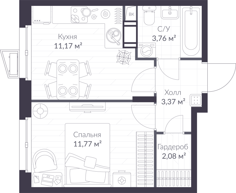 1-комнатная квартира, 32.15 м² - планировка, фото №1