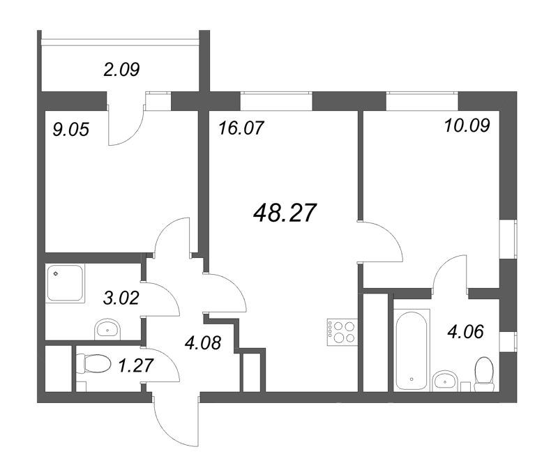 3-комнатная (Евро) квартира, 48.27 м² в ЖК "Южный форт" - планировка, фото №1