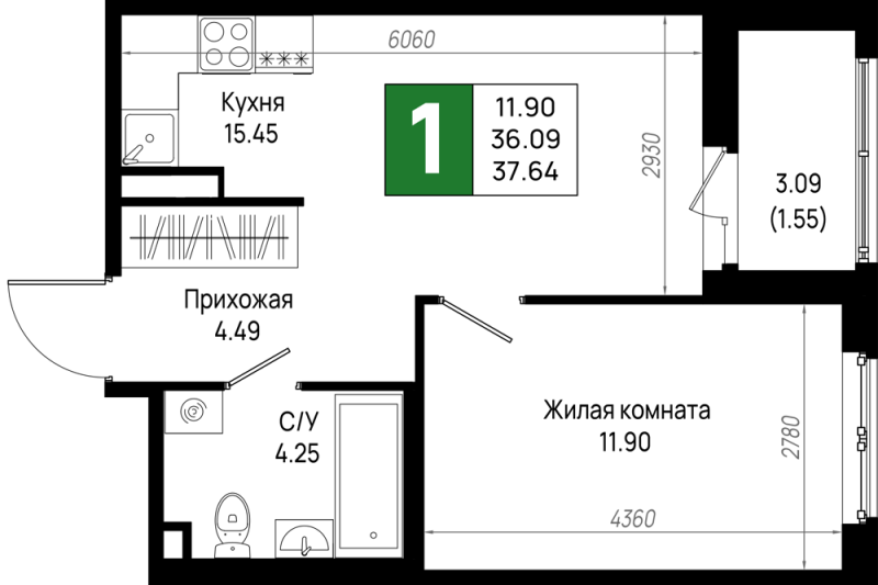 2-комнатная (Евро) квартира, 37.64 м² в ЖК "Имена" - планировка, фото №1