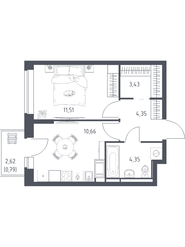 1-комнатная квартира, 35.09 м² в ЖК "Новое Колпино" - планировка, фото №1