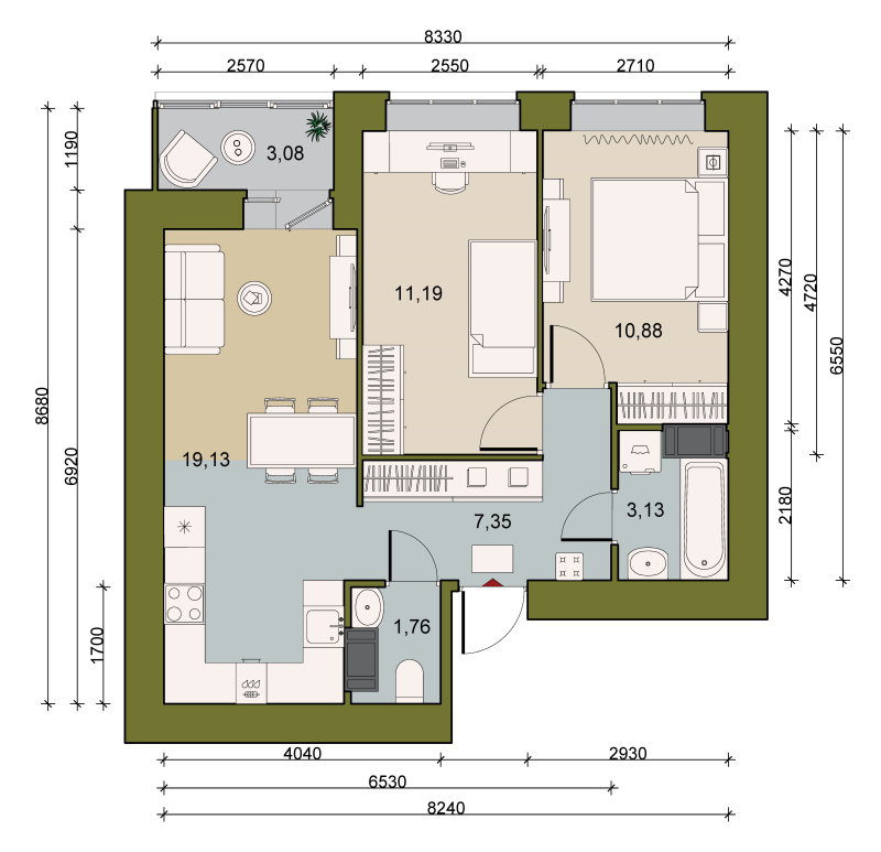 2-комнатная квартира, 55.98 м² - планировка, фото №1