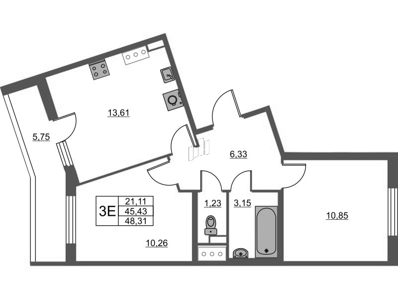 3-комнатная (Евро) квартира, 48.31 м² - планировка, фото №1