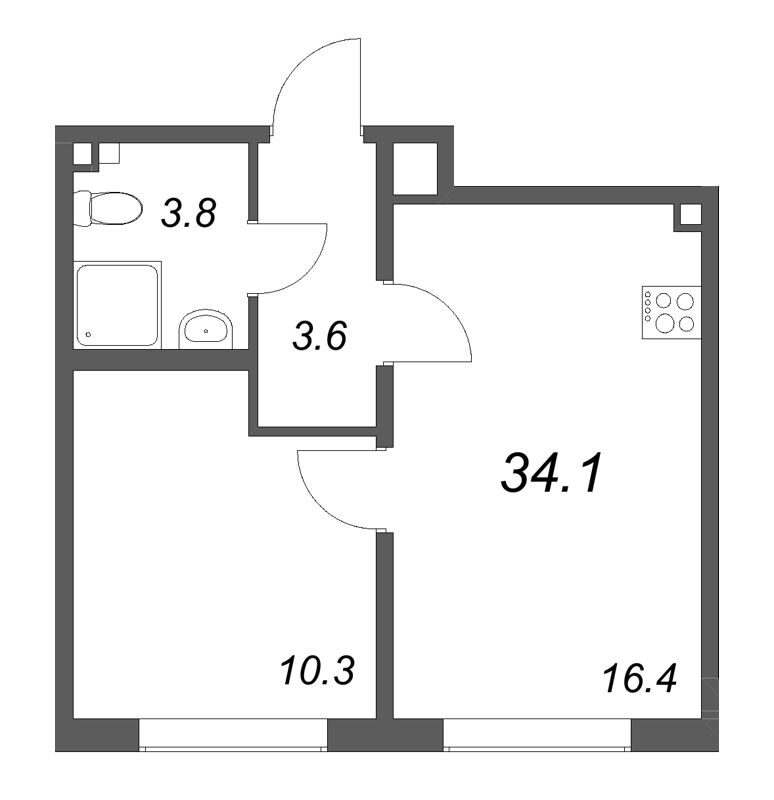 2-комнатная (Евро) квартира, 34.1 м² в ЖК "Пулково Lake" - планировка, фото №1