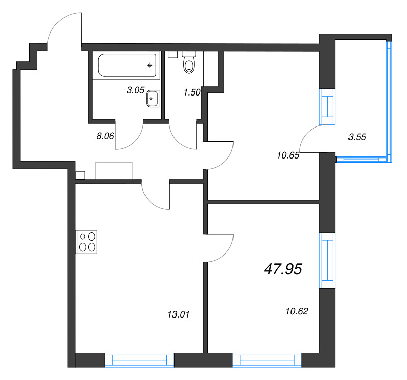 2-комнатная квартира, 47.95 м² - планировка, фото №1