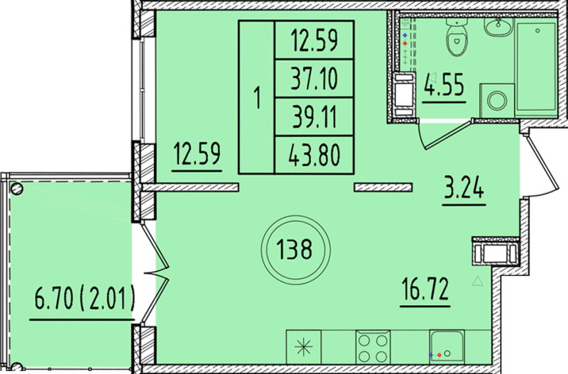 2-комнатная (Евро) квартира, 37.1 м² - планировка, фото №1