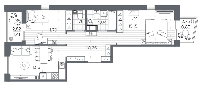 2-комнатная квартира, 58.85 м² в ЖК "Респект" - планировка, фото №1