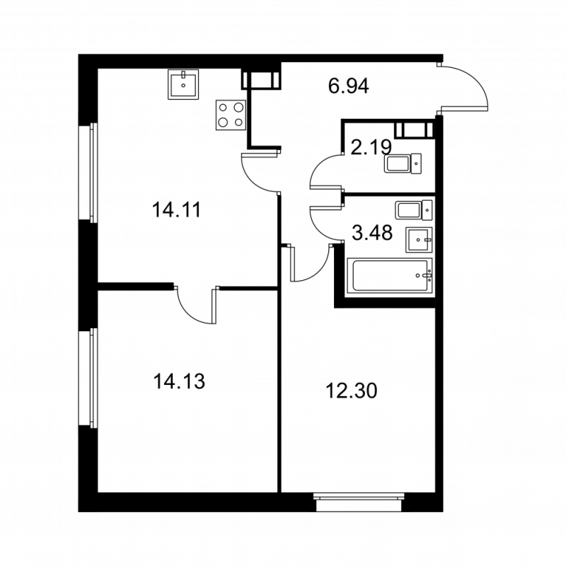 2-комнатная квартира, 53.15 м² - планировка, фото №1